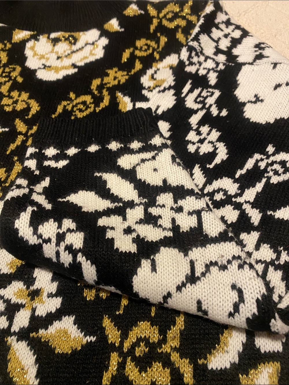 EXCHANGE Black Knit Sweater with White and Gold Floral Jacquard - Picture 6 of 8